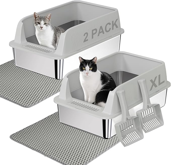 TENTIZON 2 Pack Large Stainless Steel Cat Litter Boxes, Open Top Metal Kitty Litter Tray with High Sides, Litter Mat, Scoop for Indoor Cats, Kitten,Big Cats, No Odor, No Mess, Leak Proof, Easy Clean