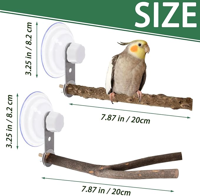 2 Pcs Natural Bird Perch Stand with Suction Cup Window Birds Perch for Window Mirror Car Shower Ceramic Tiles Bath Wood Training Perch, for Bird, Cockatoo, Macaw, Parakeet