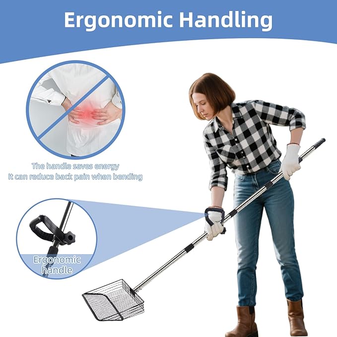 Extra-long & Lightweight 10-inch Chicken Poop Scooper - Adjustable Handle (35” to 74”) with Comfort Grip - Stainless Steel Litter Sifting Shovel for Coop & Pet Waste Cleaning - Bonus Gloves Included