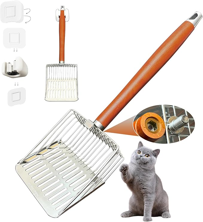 Designed for Deep Litter Boxes, Long Handle Metal Cat Litter Scoop with Holder, Keeps Hands Clean and Away from Odor, Stainless Steel
