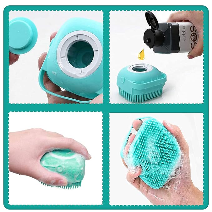 ELEGX Pet Grooming Bath Massage Brush with Soap and Shampoo Dispenser Soft Silicone Bristle for Long Short Haired Dogs Cats Shower (Yellow)