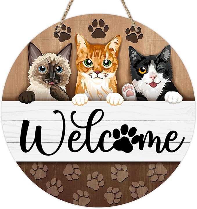 Deroro Welcome Cats Front Door Sign, Paw Prints Wood Door Hanger Outdoor Outside Porch Decor Pet Lover Owner Gifts, Farmhouse Wooden Wreath Indoor Wall Hanging Decoration