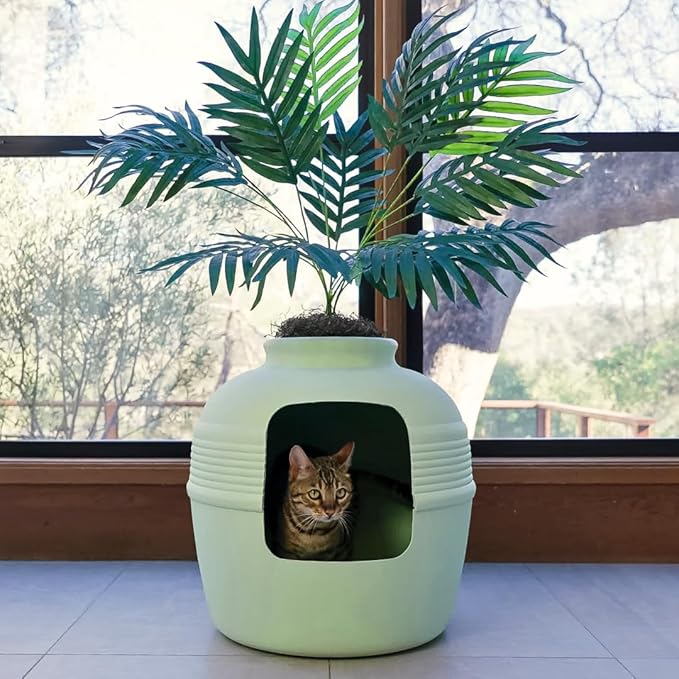 Good Pet Stuff Hidden Litter Box Planter, Decorative Cat Litter Enclosure with Carbon Filter, Artificial Plant, Easy Clean, Improved Design, Round Style, Base Kit, Sage Green