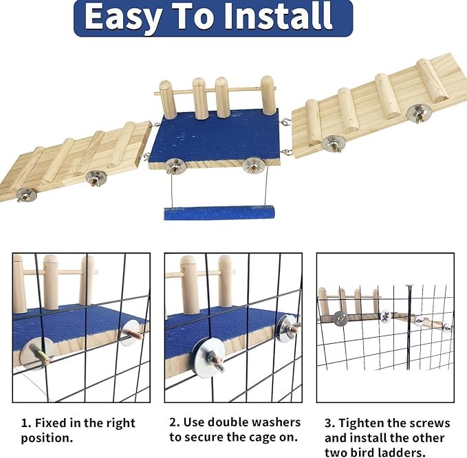 FlidRunest Bird Toy, Parrot Perch Platform with Swing and Ladder, Bird Perch Paw Grinding Rough-surfaced, Wooden Climbing Exercise Stands for Parakeet, Parrot, Lovebird, Cockatiel, Hamster
