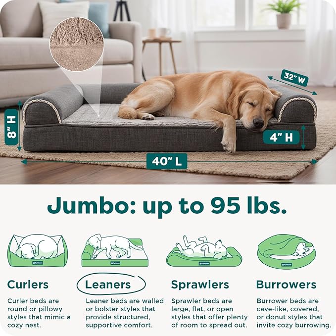 Furhaven Orthopedic Dog Bed for Large Dogs w/ Removable Bolsters & Washable Cover, For Dogs Up to 95 lbs - Luxe Faux Fur & Performance Linen Sofa - Charcoal, Jumbo/XL