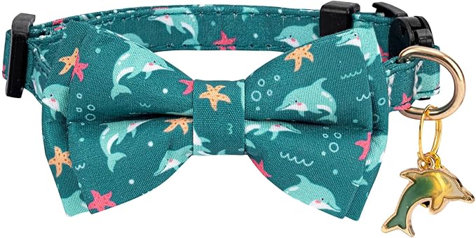 2 Pack Breakaway Cat Collar with Removable Bow Tie and Bell for Boy Girl Cats,Cute Cotton Kitten Collar with Purple Lavender and Red Flower Pattern for Female Male Cats (Dolphin&Sailboat)
