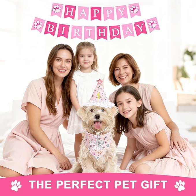Dog Birthday Party Decorations, Adjustable Dog Bandana Set with Hat, Numbers, Banner for Pet Party Supplies Festive Accessories Large Medium Small Pet Puppy Dogs, Pink