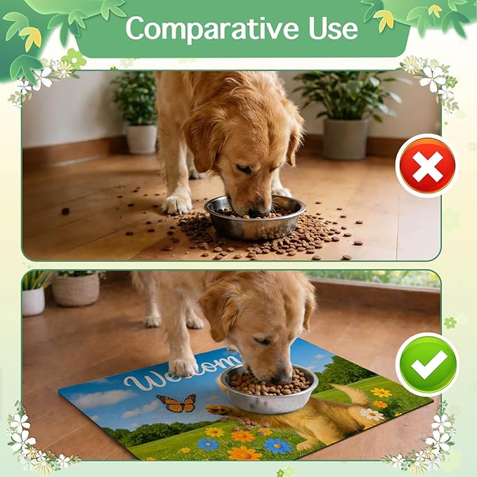 Welcome Spring Pet Feeding Mat 24" x 16" Non Slip Dog and Cat Food Mat Easy Clean Feeding Mat for Puppy and Kitten Cute Cat Feedings Mat for Indoor Cats Food and Water Mat for Pet Bowls
