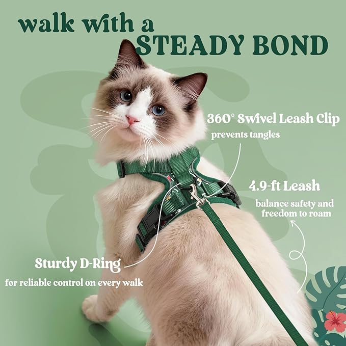 rabbitgoo Cat Harness and Leash for Walking, Escape Proof Soft Adjustable Vest Harnesses for Cats, Easy Control Breathable Reflective Strips Jacket,Rainforest Green,XS