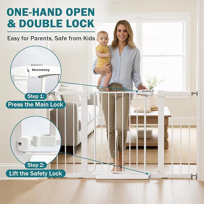 Mumeasy 29.7–48" Baby Gate for Stairs, Dog Gate for Doorways, Auto Close Child Gate, Indoor Safety Pet Gate with Walk Thru Door, Easy Install Pressure Mounted Extra Wide Gate for Kitchen, House,White