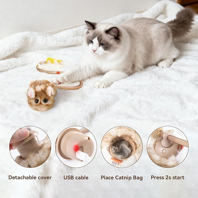 Migipaws Interactive MigiMouse Cat Toy 360° Rolling & Spin with Wiggling Tail for Indoor Cats Smart Motion Sensor, Realistic Squeak, Rechargeable Plush Kitten Toy(Brown Long)