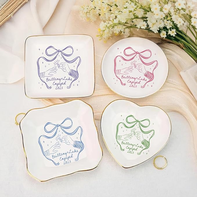 Custom Engaged Ring Dish - Personalized Bow & Rings Exchange Illustration Jewelry Tray, Engagement Trinket Holder Dish, Gifts for Newly Engaged Couple, Bride, Wife, or Bestie