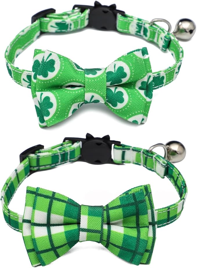 2-Pack Breakaway Cat Collars with Removable Double-Layer Bow Tie and Bell for Boy and Girl Cats,Safety Kitten Collars Suitable for Festivals and Daily. (St. Patrick's Day1)