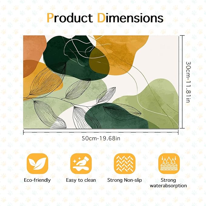 Modern Abstract Leaf Design Pet Feeding Mat 20" x 12" Pet Food Mat Non Slip Mat for Dog Food and Water Bowls Easy Clean Dog Bowl Mats Pets Placemat for Kitchen Pets Feeding Area Decor