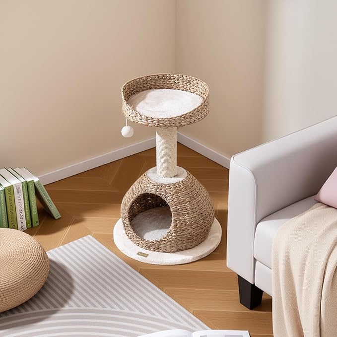 PETSITE 28-inch Modern Cat Tree, Small Cute Cat Tower Sisal Scratching Post, Hand-Made Wicker Condo and Top Perch, Interative Dangling Ball, Ideal for Indoor Cats