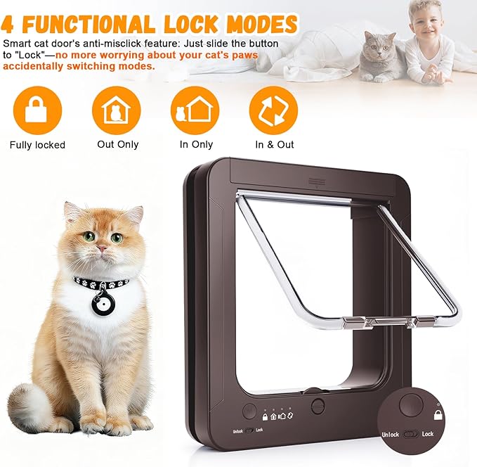 Smart Cat Door with 3 Collar Sensor, RFID Cat Door Collar Activated with Remote Control, 4 Way Locking Cat Flap Automatic Pet Door (Brown)