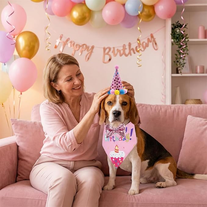 Pet Birthday Party Set with Hat and Bandana for Dogs and Cats with Star Pattern Design, Adjustable Sequin Bow tie Accessories, Pink Birthday Girl Scarf (Pink)