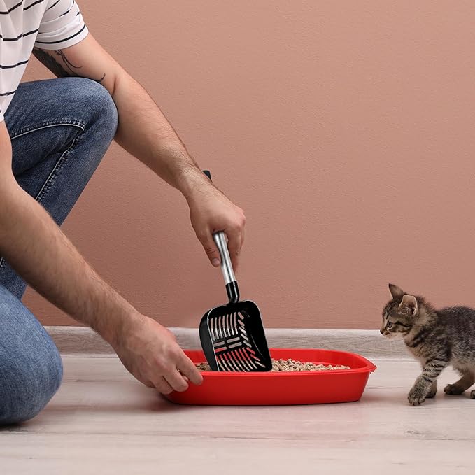 Hortsun 32 Inch Cat Litter Scooper Metal Long Handle with Cat Litter Scoop Holder Deep Kitty Sifter Shovel Detachable Stainless Steel Poop Sifter Scooper Caddy Kitty with Box(Black)