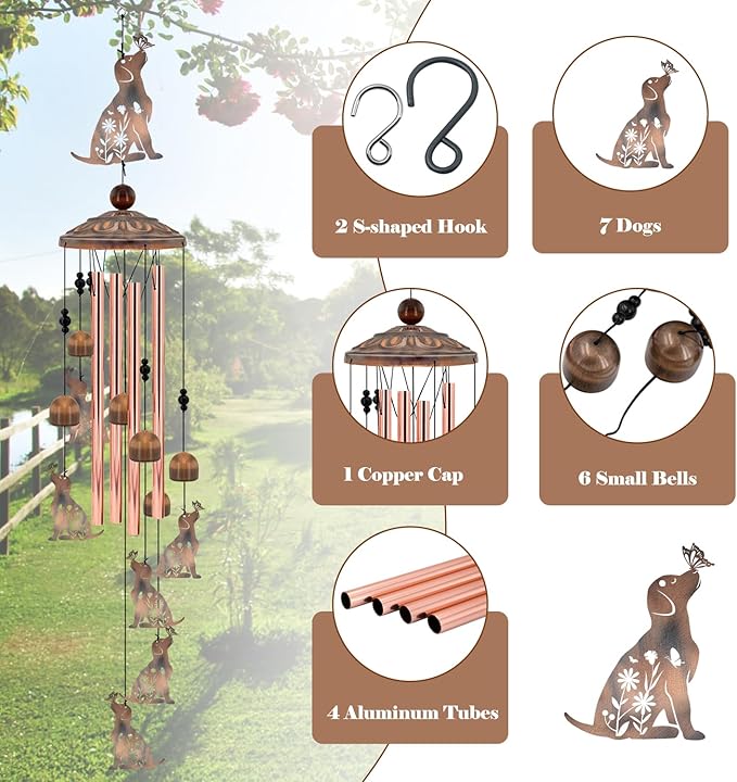 Dog Wind Chimes for Outside, 35‘’ Metal Dog WindChimes Gifts for Women/Men, Decoration for Outdoor, Home, Garden, Patio, Backyard