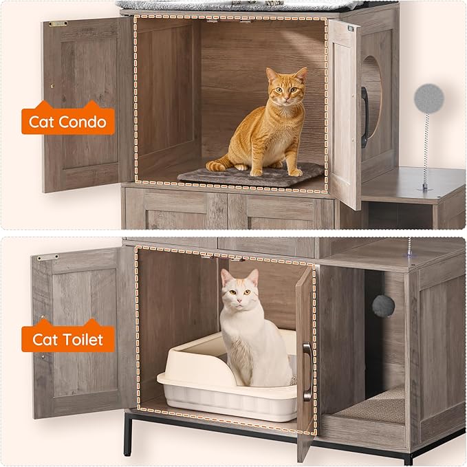 HOOBRO Cat Litter Box Enclosure Furniture, 2 in 1 Hidden Litter Box Furniture with Shelf, Double Litter Box Cabinet with 2 Dangling Plush Balls and 1 Toy Ball, Greige and Black BG78MW01