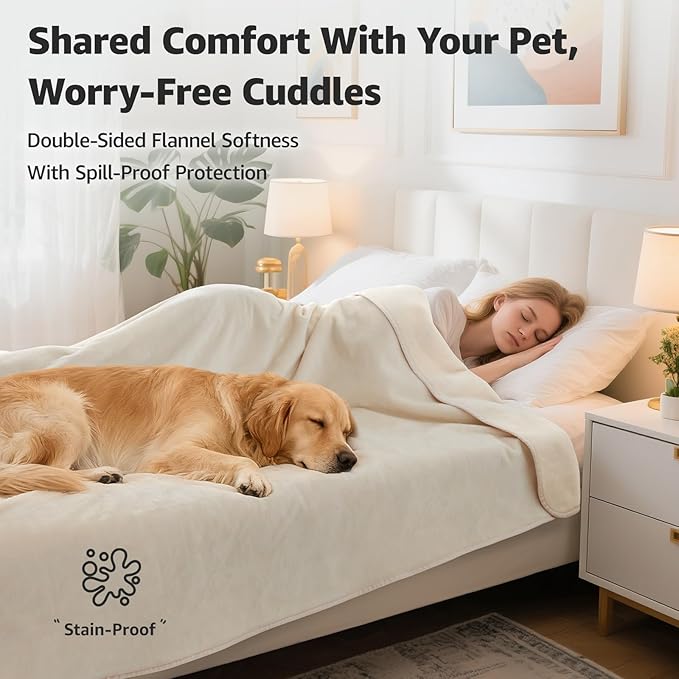 LOOBANI Waterproof Blanket for Bed: Reversible Soft Flannel King Size Bed Blanket 85" x 108", Waterproof Dog Blankets for Large Dogs, Spill-Proof Cover for Furniture Protection, Movie Time, Beige