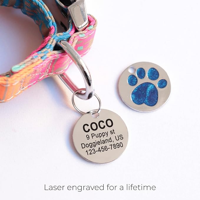 Paw Shape Dog ID Tag Stainless Steel Custom Laser Engraved, Cute Bling Glitter Pet Name Tags Personalized with Durable Engraving (Silver Round Paw)