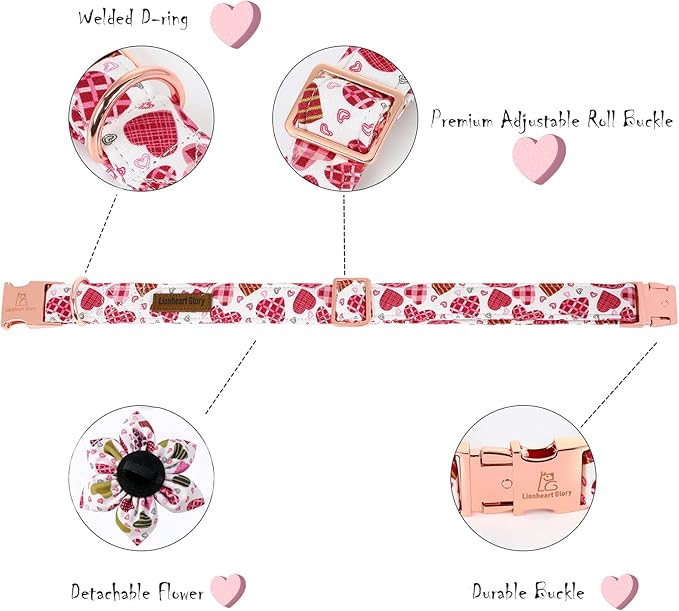 Lionheart Glory Heart Dog Collar, Valentine's Day Dogs Collar with Flower, Cute Floral Pattern Pet Collars Adjustable Dog Collars for Large Dogs