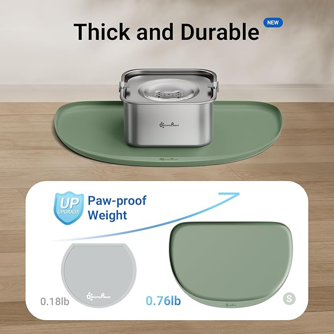 DownyPaws Cat Food Mats for Floors Waterproof, BPA Free Silicone Pet Feeding Mat, Non-Slip Pet Food Mat with High Raised Edge, Cat Placemat for Messy Drinkers, 18"×12.5", Sage