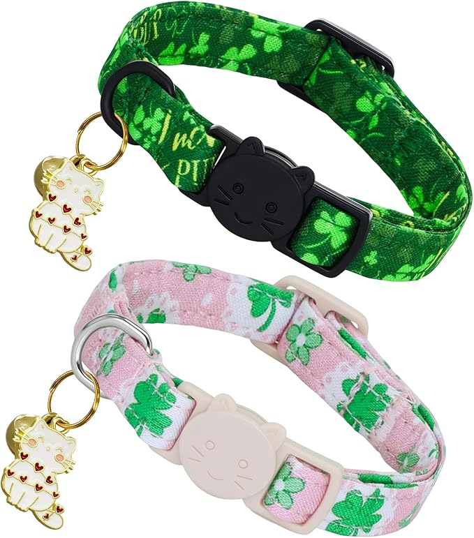 St. Patrick's Cat Collar-2 Pack Collars Pink and Green Four-Leaf Clover&Trefoil Print Breakaway with Kitten and Bell Pendant Safety Buckle Adjustable Pet Collar for Cats and Small Pets