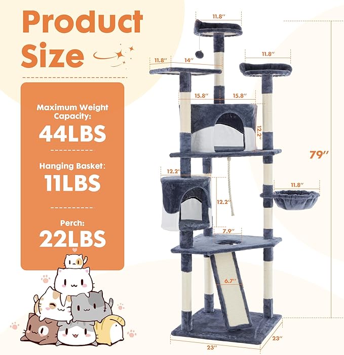 DUMOS Tall 79in Cat Tree Tower, Large Multi Level Cats Climbing Tower with Condo, Natural Sisal Scratching Posts, Extended Platform, Basket, Pet Tree House for Indoor Cats Play, Dark Grey