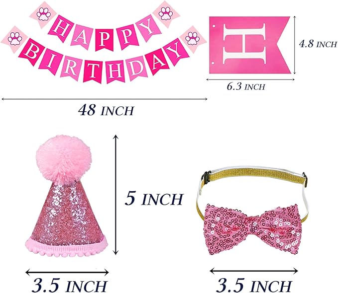 STMK Cat Birthday Decorations, Cat Birthday Hat with Numbers Bandana Bow Tie Collar Banner for Cats Kittens Outfits (Pink)
