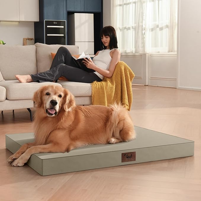 Large Outdoor All Weather Dog Bed, Waterproof Pet Bed for Large Dogs, Orthopedic Egg Crate Foam with Washable Removable Oxford Cooling Cover, 36x27 Inch, Khaki
