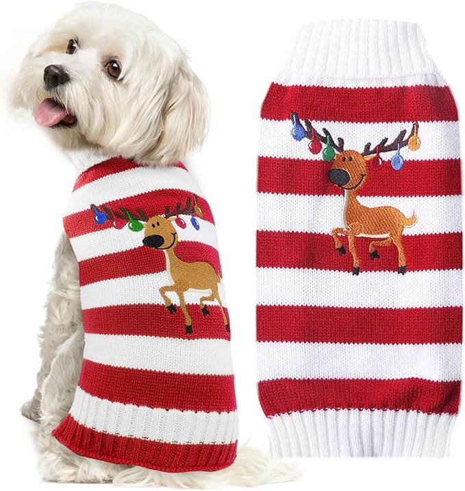 Christmas Dog Sweaters Xmas Pet Outfits Striped Elk Costume Holiday Clothes Gifts Puppy Cat Knitted Jumpers (XL,Red White Stripe Elk)