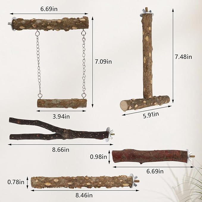 Hypeety Natural Wood Bird Perch for Parakeets 5PCS Perches for Cage Parrot Hanging Swing Bird Fork Perches Easy Install Chew Toys for Small Birds Cockatiels Conures Budgies Lovebirds Parakeets