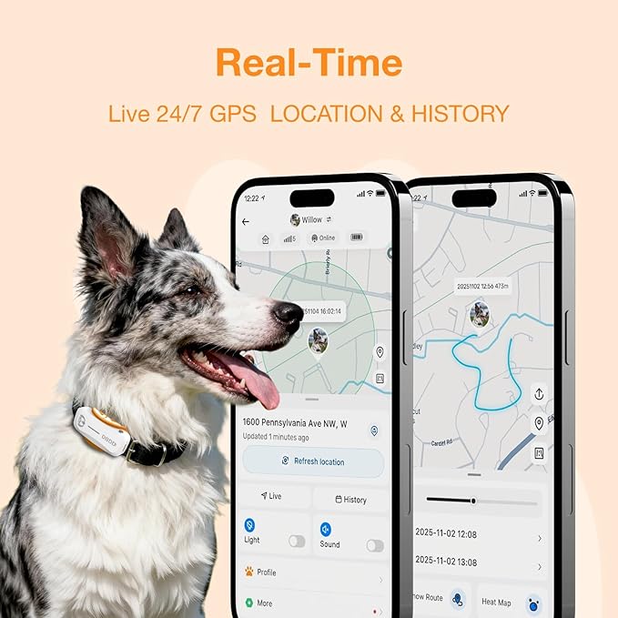 Next-GEN Smart GPS Tracker for Dogs [36 Month Membership Included] Real-Time Location Tracking with Escape Alerts, Health Monitoring, Waterproof, iOS & Android App, for Dogs 35lbs+（White