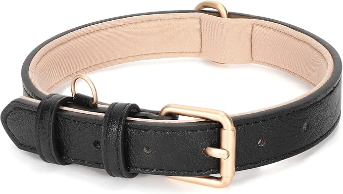 WHIPPY Leather Dog Collar for Small Medium Large Dog Adjustable Soft Breathable Leather Padded Puppy Collar with Alloy Buckle Heavy Duty Waterproof Classic Dog Pet Collar,Black,S