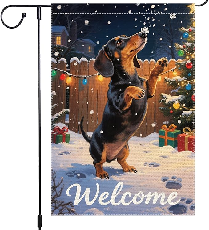 Dachshund Welcome Garden Flag 12x18 Inch Double Sided Christmas Burlap Yard Banner Winter Holiday Outdoor Decor for Dog Lovers Home Seasonal Decoration
