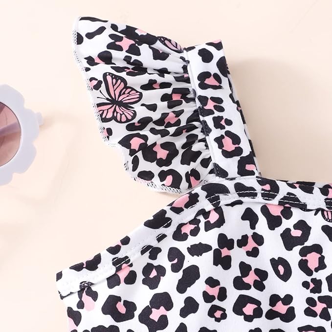 Toddler Baby Girls Summer Clothes Outfits Ruffled Sleeve Dinosaur Shirt Leopard Tops and Shorts Pants Sets 2PCS