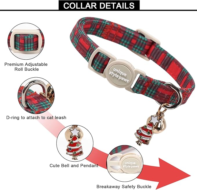Unique style paws 2 Pack Christmas Kitten Collar Breakaway with Bell&Pendant, Adjustable Safety Red Green Scottish Plaid Cat Cotton Collar for Girl Boy Cat and Small Pet