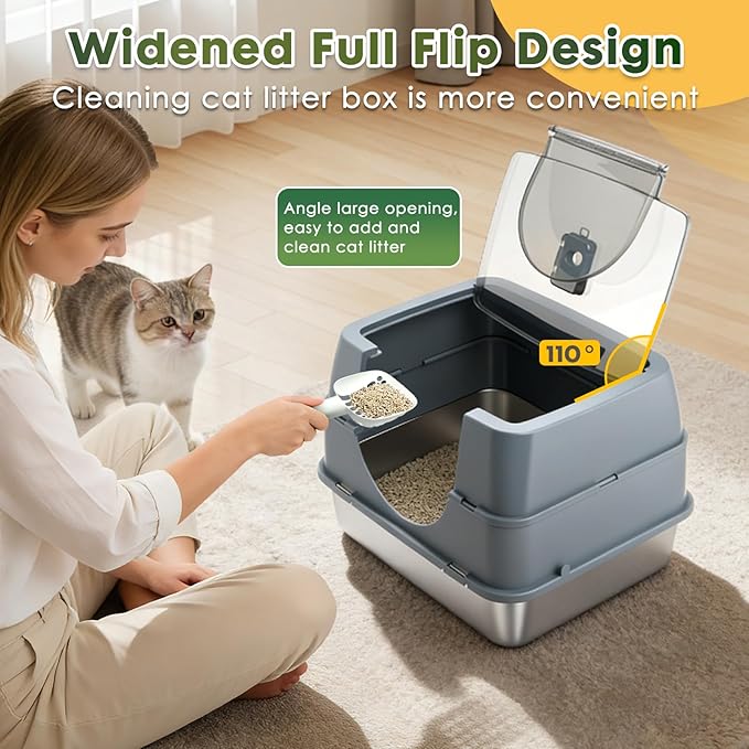 Stainless Steel Litter Box with Lid,Side Entry Large Litter Box,Enclosed High Sided Litter Boxes with High Sided Enclosure&Scoop,Anti-Urine Leakage Non-Sticky for Kitty&Medium Cats(Grey)