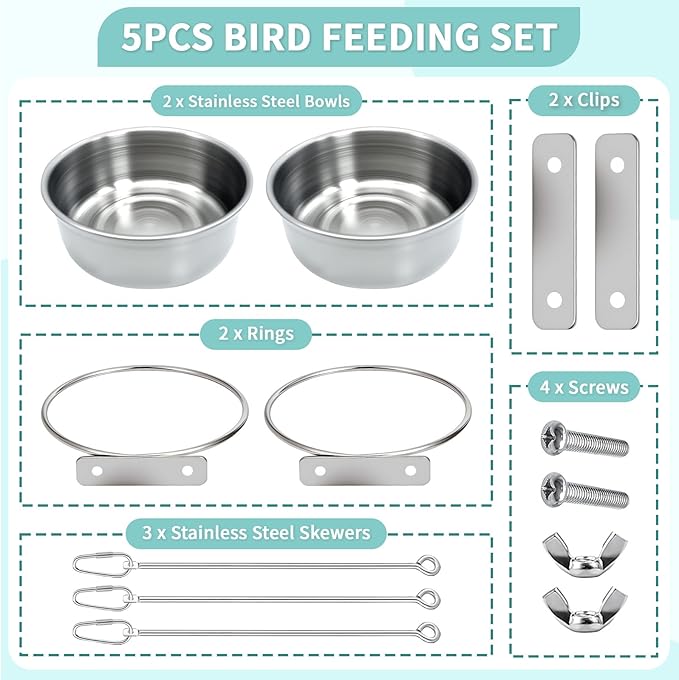 2 Pcs Bird Feeder Bowls with 3 Pcs Food Holder for Cage, Parrot Food Water Bowls and Fruit Skewer Foraging Toy, Stainless Steel Bird Feeding Dish Cups for Small Animals (Silvery, 5 Pcs)