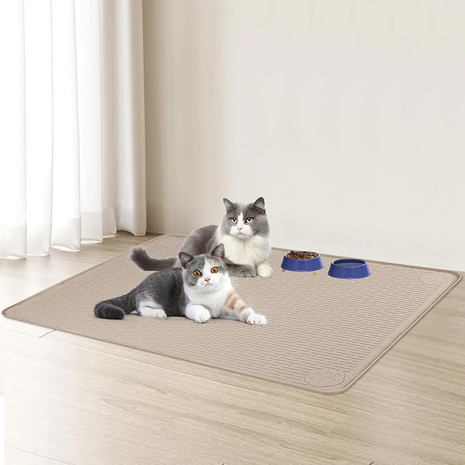Cat Food Mat, 57" x 40" Extra Large Silicone Pet Feeding Mat with Raised Edge Pet Placemat for Food and Water Bowl Non-Slip, Easy to Clean, Floor Protection (Khaki)
