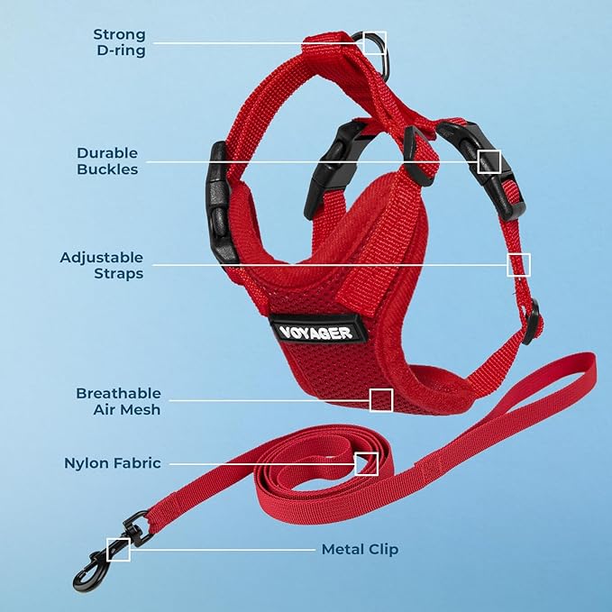 Voyager Escape-Proof Step-in Lock Cat Harness & 5ft Neoprene-Handle Leash Set All-Weather Mesh with Reflective Stitching for Small to Large Cats by Best Pet Supplies, Red, XS