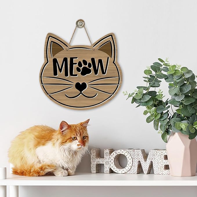 Cute Cat Meow Front Door Sign, Pet Farmhouse Wood Door Hanger Outdoor Outside Porch Decor, Paw Print Rustic Wooden Wreath Indoor Wall Hanging Decoration Cat Lover Owner Gift