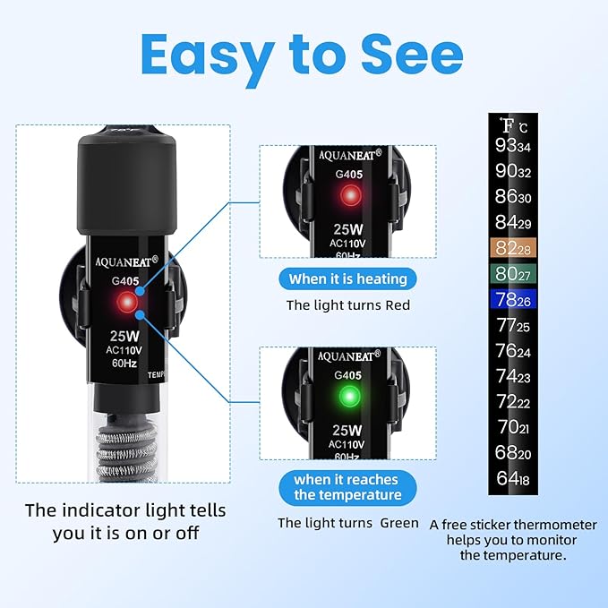 AQUANEAT Aquarium Heater, 25W Small Betta Fish Tank Heater, Mini Preset Water Thermostat with a Thermometer