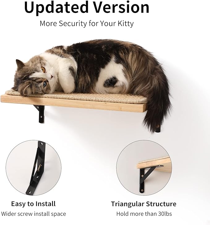 FUKUMARU Cat Wall Shelves, 17 x 10 Inch Cat Walls Furniture with Sisal Mat, Solid Rubber Wood Floating Shelf with Upgraded Installation, Kitten Wall Tree for Sleeping, Playing and Scratching