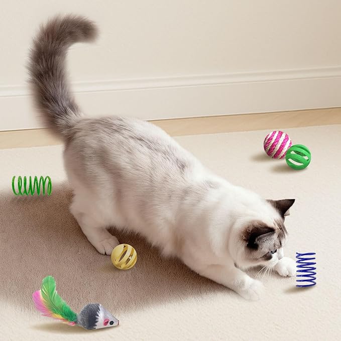 Cat Toys for Indoor Cats, 34 Packs Interactive Cat Toy Set with Colorful Springs Toys, Mouse Toy, Catnip Ropes, Balls, Bells, and Sisal Ball for Kittens