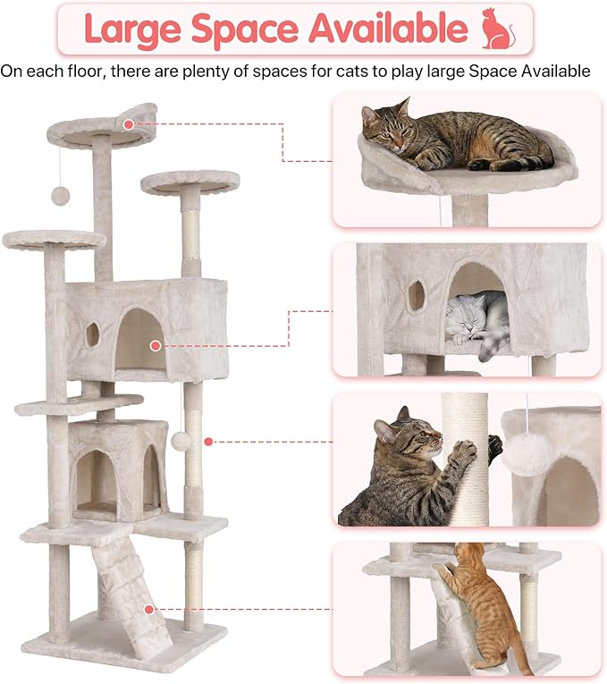 70in Cat Tree Cat Climbing Tower with Scratching Post, Cats House Perch Kitten Tree Condo Wood Playhouse, Pet Trees Tower for Indoor Cats, Beige