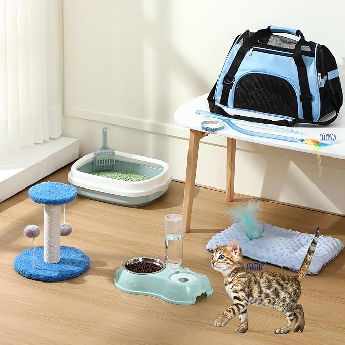 Eccliy Kitten Starter Kit, 10 Pcs Cat Starter Kit for Indoor Cats Kitten Essentials Includes Litter Box, Pet Toy, Folding Carrier, Climbing Frame, Mat, Collar, Automatic Food Bow(Classic,Blue)
