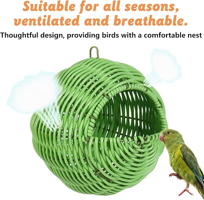 BNOSDM Rattan Parrot Nesting House Bird Nest Parakeet Hanging Swing Soft Lovebird Warm Bed Sleeping for Parrots Bird Cage Accessories for Cockatiels Budgerigars Finches Canaries (Green)